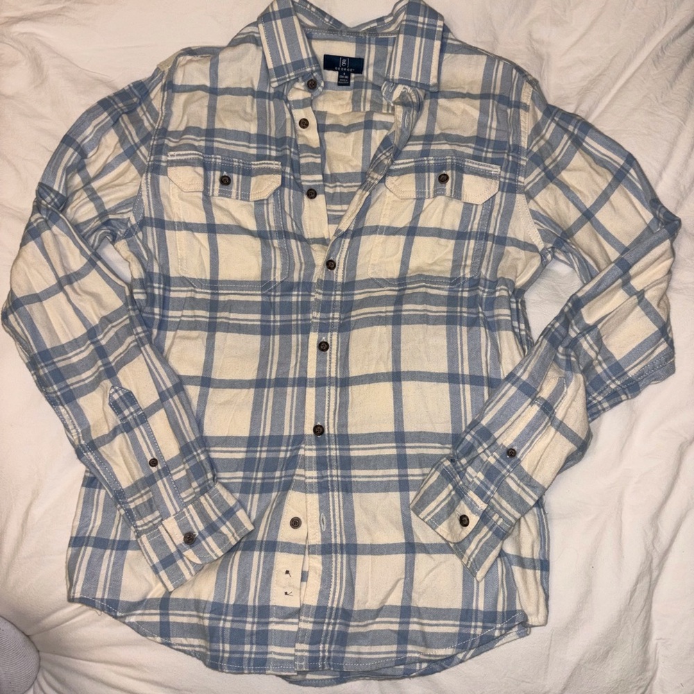 Blue and White Plaid Button-Up Shirt